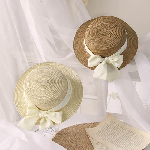 2pcs Girls Flower Decor Straw Hat Sun Protection Cap Sun Hat Straw