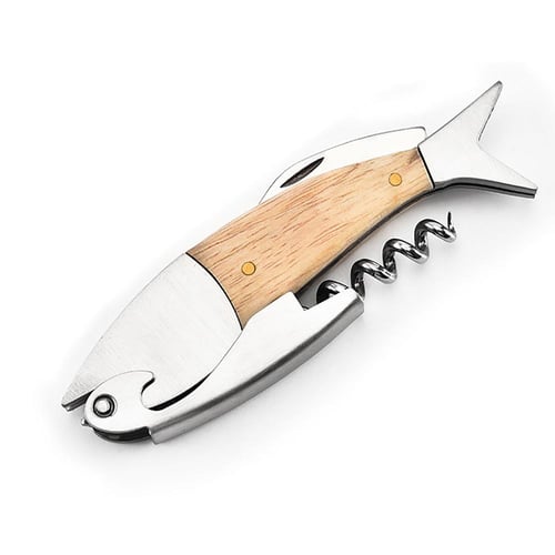 Cute Fish Shaped Wine Opener Wood Handle Professional Metal