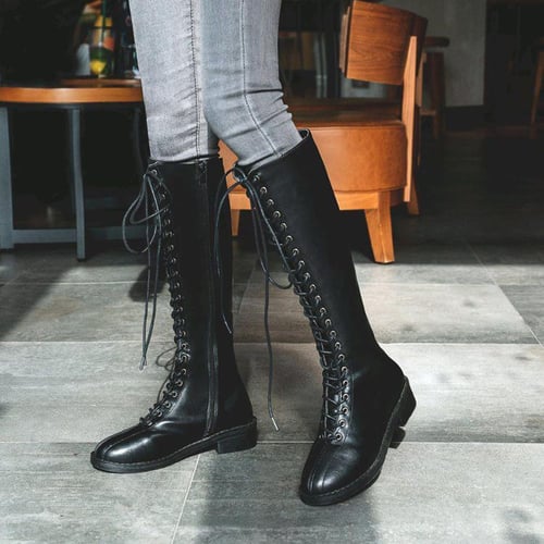 Flat knee high lace up boots best sale