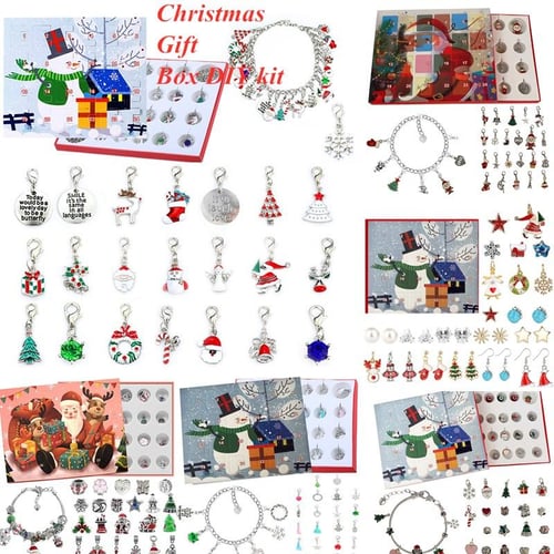 1 Set Fashionable 24 Days Calendar Countdown Christmas Surprise Blind Box  Metal Charm Beads Bracelet DIY Jewelry Making Kit