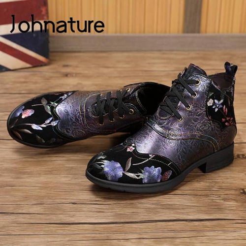 Johnature Long Boots Women Shoes Round Toe Winter Genuine Leather