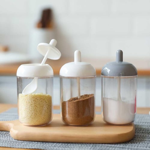 Vertically Rotatable Storage Seasoning Boxes Spice Jar Bottle with Handle &  Spoon Kitchen Storage Container Herb Spice Tools