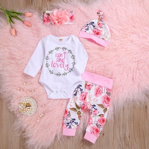 4Pcs Newborn Baby Girls Romper Clothes Infant Letter Print Long Sleeve Top  + Flowers Pants + Hat + Headband Outfit Set : : Clothing, Shoes 
