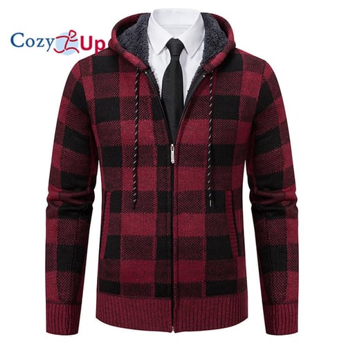 Cozy Up Men Sweater Coat Autumn Winter Thick Warm Hooded Plaid