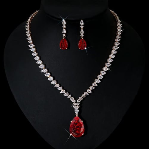 High Quality CZ Diamonds Ruby Necklace Earrings Set Bridal 