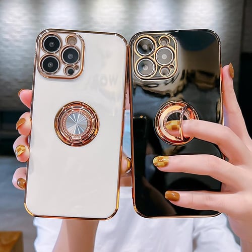 Luxury Plating Silicone Case For iPhone 13/ 12/ 11/ Pro/ Pro Max/ Mini,  Metal Ring Holder Stand Soft Phone Cover