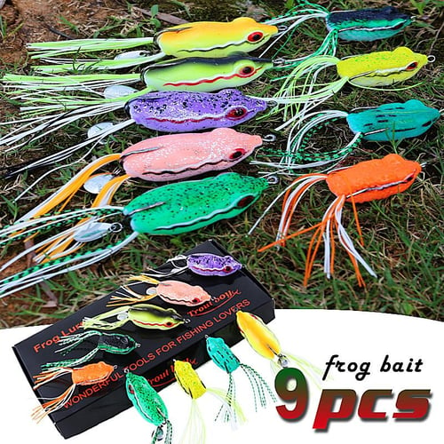 Topwater Frog Lure Soft Fishing Lure Kit 9pcs with Tackle Box for