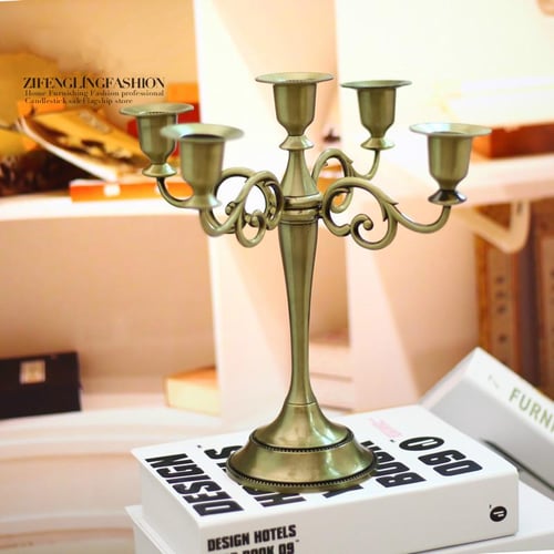 (Gold) - Metal Candle Holder 5-arms Candle Stand 27cm Tall Wedding Event  Candelabra Candle Stick (Gold)