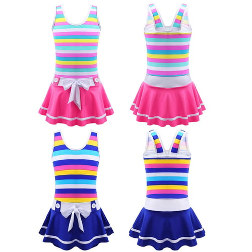 Kids Girls Swim Dress One-Piece Stripe Swimsuit Sports Tank Top