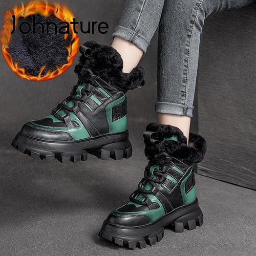 Johnature Winter Boots Women Shoes Genuine Leather Mixed Colors