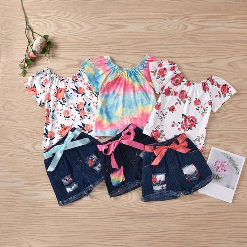 1-5T Children Girls Summer Clothes Sets Toddler Strapless Print Top+Splicing  Denim Shorts 2Pcs Kids Outfits - buy 1-5T Children Girls Summer Clothes  Sets Toddler Strapless Print Top+Splicing Denim Shorts 2Pcs Kids Outfits