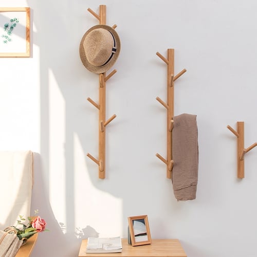 Bamboo Wood Wall Hanger Hook Coat Stand, Wooden Wall Mounted Clothes Hanger