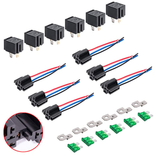 6 Kit Car Relay Switch Harness Set 12V 4 Pin SPST 30AMP Fuse Holder 14AWG Wire 