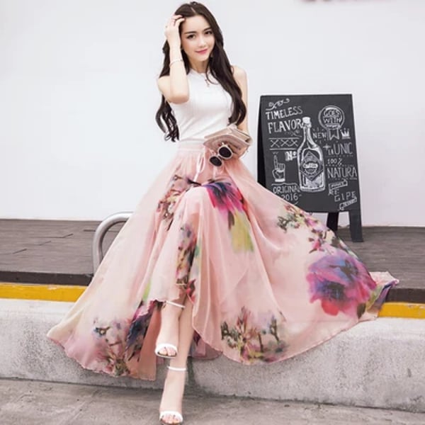 Buy Women's Spring And Autumn Very Skirt Floral Chiffon Dress ｜Waist Dresses  -Fordeal | Summer New Fashion Women's Chiffon Floral Dress Big Swing  Holiday Beach Skirt 