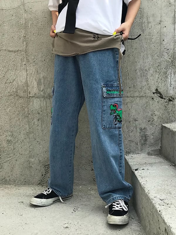 Harajuku Boyfriend Jeans For Women Cartoon Dinosaur Jeans Loose High Waist  Denim Trousers Big Pocket Overalls Female Pants - buy Harajuku Boyfriend  Jeans For Women Cartoon Dinosaur Jeans Loose High Waist Denim