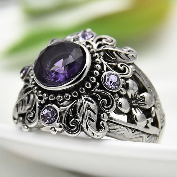 Vintage Round Faux Amethyst Inlaid Carved Flower Women Finger Ring Jewelry Gift - buy Vintage Round Faux Amethyst Inlaid Carved Flower Women Finger Ring Jewelry Gift: prices, reviews | Zoodmall