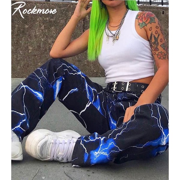 Rockmore Lightning Print Cargo Pants Women Joggers Streetwear Harajuku Blue  Trousers High Waist Wide Leg Pants Femme Plus Size - sotib olish Rockmore  Lightning Print Cargo Pants Women Joggers Streetwear Harajuku Blue