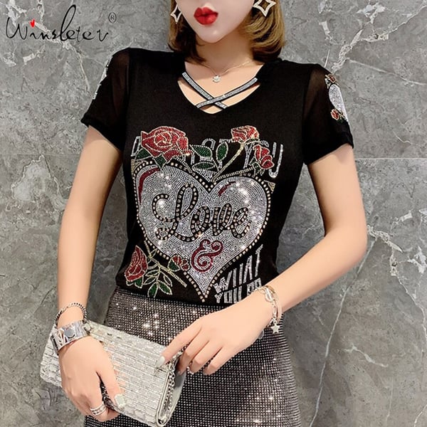 Summer Fashion Korean Clothes T-shirt Sexy Hollow Out Diamonds Letter Rose  Women Tops Ropa Mujer Patchwork Mesh Tees 2020 T06633 - buy Summer Fashion  Korean Clothes T-shirt Sexy Hollow Out Diamonds Letter