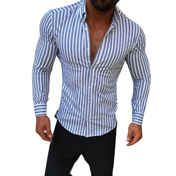 Men Casual Turn Down Collar Long Sleeve Vertical Stripes Slim ons Shirt ...